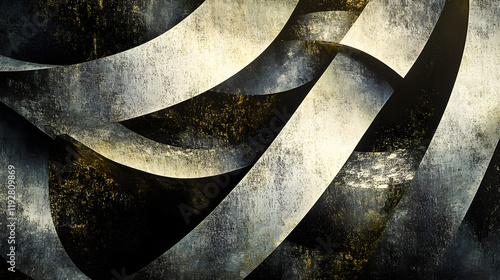 A textured abstract background of metallic gold and silver gradients interspersed with rough black lines, adding depth and dimension to the composition 