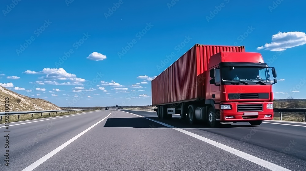 Red Truck Driving on a Clear Highway Under Blue Sky with White Clouds Red Truck Driving on a Clear Highway Under Blue Sky with White Clouds