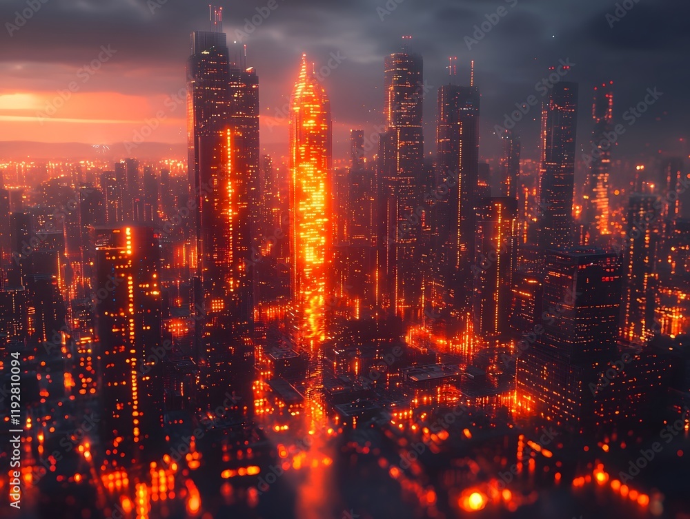 Fototapeta premium Futuristic City Skyline Glowing with Financial Growth Integrated into Architecture