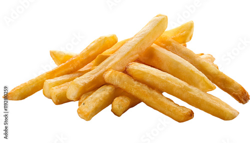 A close-up shot of freshly cooked golden French fries placed against a plain white background. Crispy and appetizing texture of these popular snack or side dish items photo