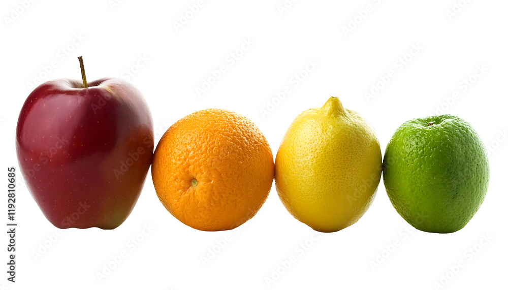 Apple, lemon, orange on a white surface, showcasing freshness and natural beauty. A perfect depiction of contrasting colors and detailed textures within healthy fruits. Isolated on white background