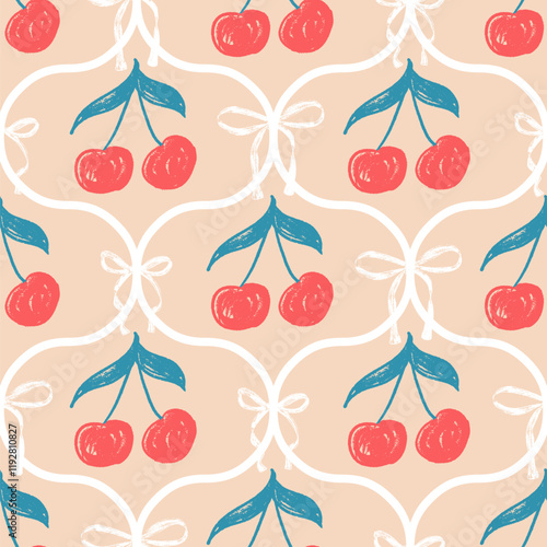 Cherry crayon drawn seamless pattern. Coquette allover background. Damask girly repeat backdrop. Surface pattern design spring ogee motif. Vector hand drawn illustration.