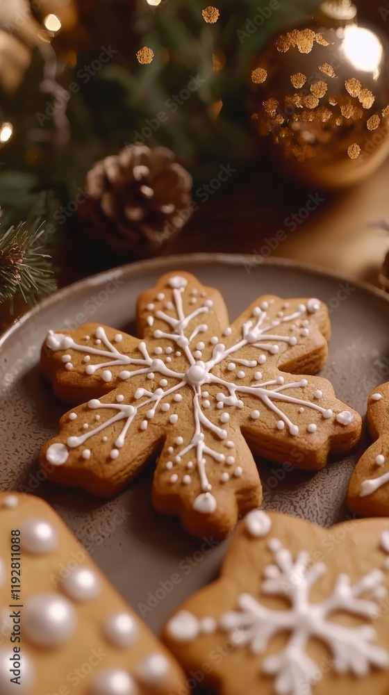 Festive cookies shaped like snowflakes decorated for a holiday celebration on a beautiful table setting. Generative AI Festive cookies shaped like snowflakes decorated for a holiday celebration on a beautiful table setting. Generative AI