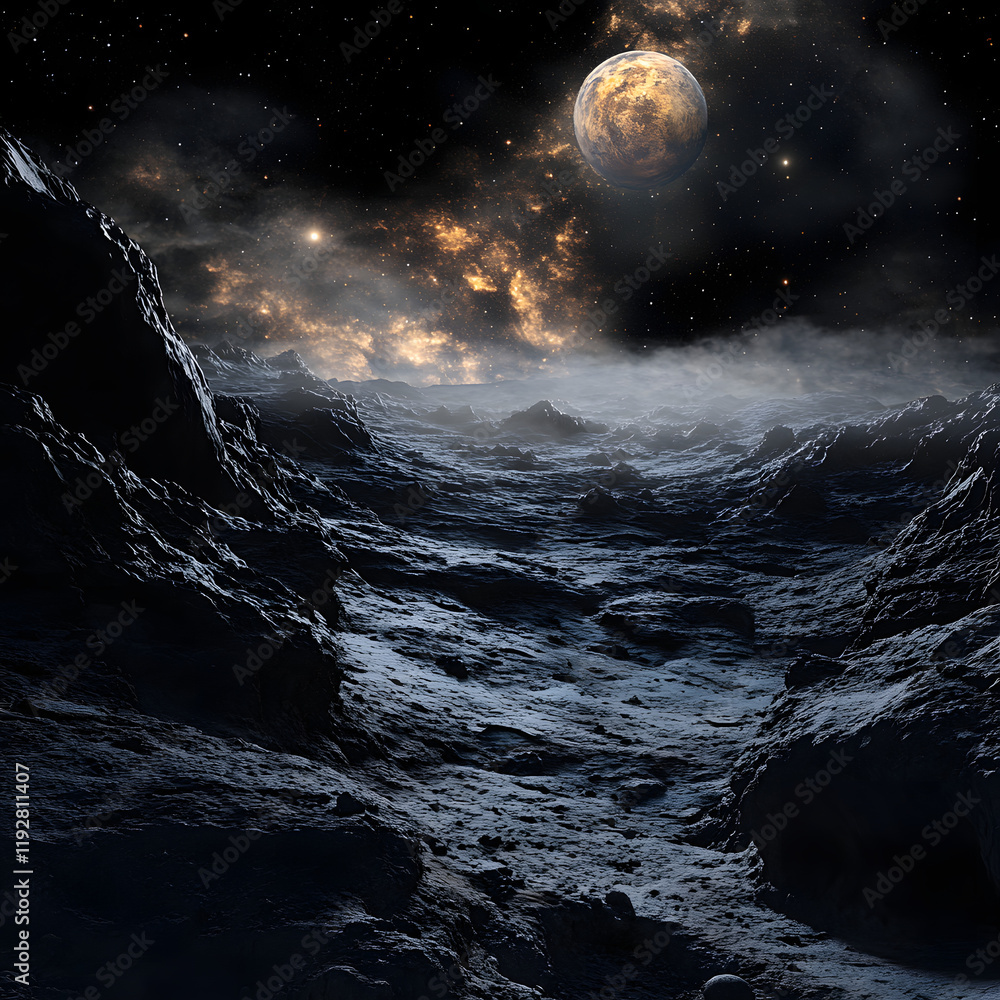 Fototapeta premium A rocky, barren landscape on a celestial body, possibly a moon or asteroid. The surface is rugged, with numerous craters and uneven terrain. In the background, there is a view of space.