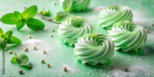 Pastel Wedding Dessert Flat Lay: Homemade Green Zephyr & Mint Sprig photo