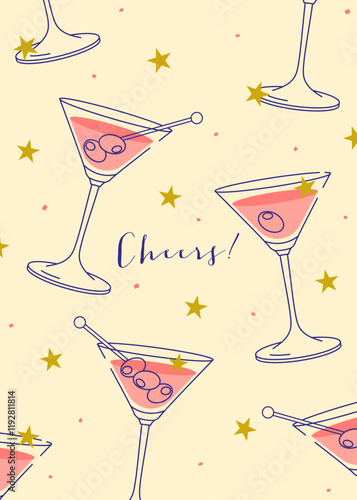 Cocktails Modern flat print. Colorful background with cocktail glasses. Cafe, bar and restaurant concept poster and web banner. Vector illustration