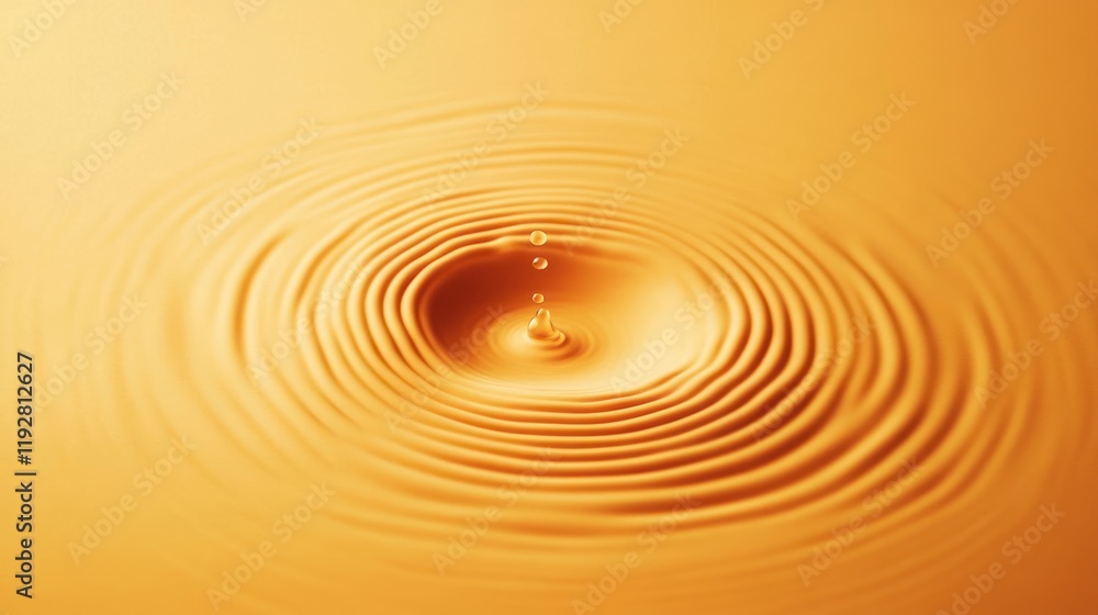 Golden liquid droplet creating concentric ripples on a smooth surface. Golden liquid droplet creating concentric ripples on a smooth surface.