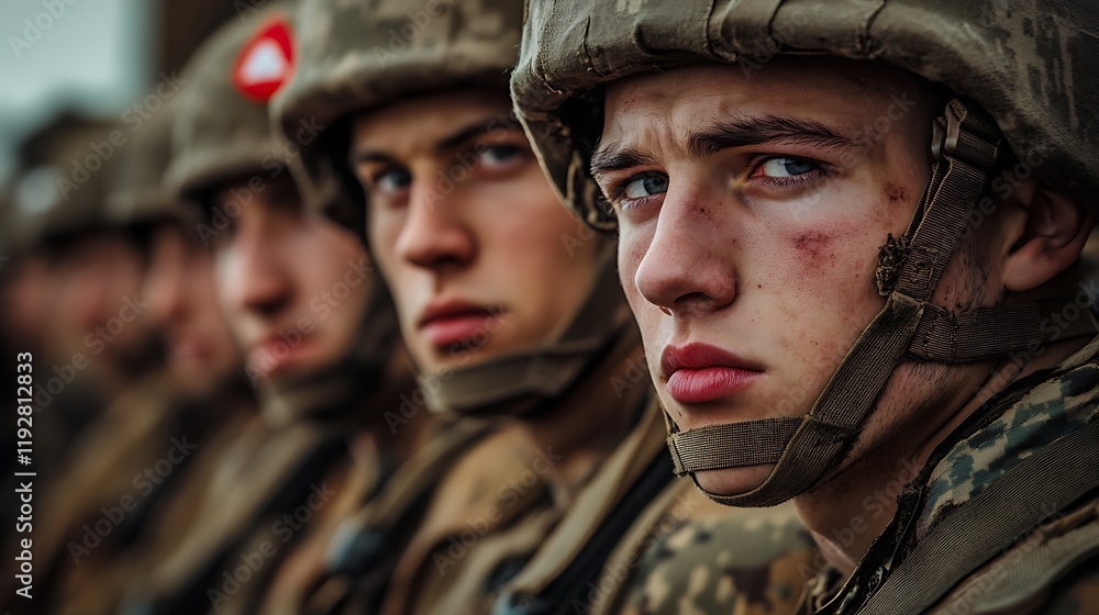 Close-up of soldiers' serious faces in military helmets. Close-up of soldiers' serious faces in military helmets.
