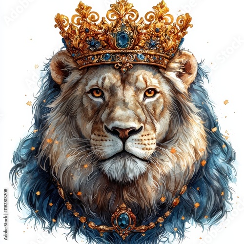 Majestic Lion Head Portrait with Ornate Crown and Regal Accents in Vibrant Colors photo