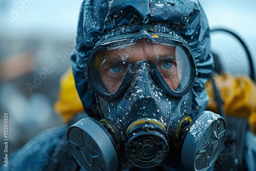 Close up photo of a figure wearing a raincoat and gas mask photo