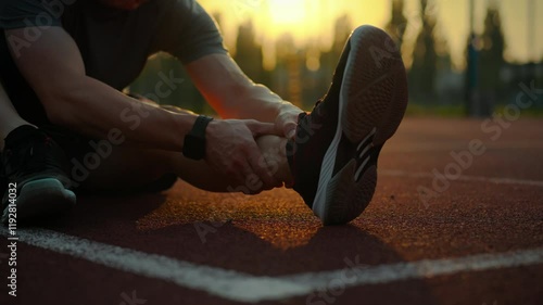 Fitness. Athletic man outdoors purposefully looks after his body on the sports field. Cinematic shot athletic man leads a healthy lifestyle doing a workout, training