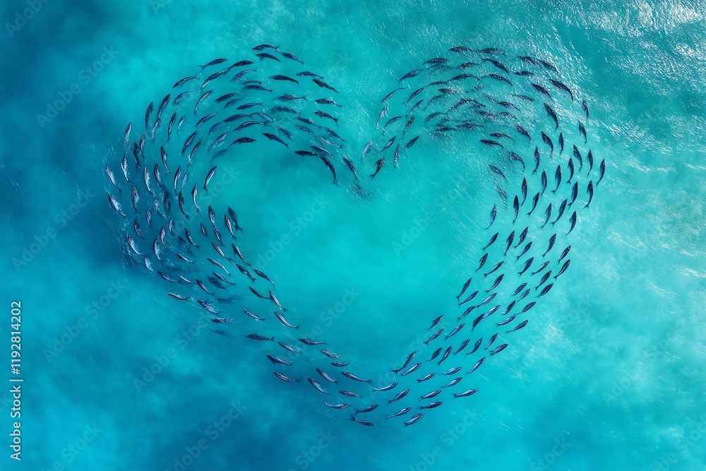 Fototapeta premium Aerial view of a school of fish forming a heart shape in the ocean. A stunning display of marine life and natural beauty.