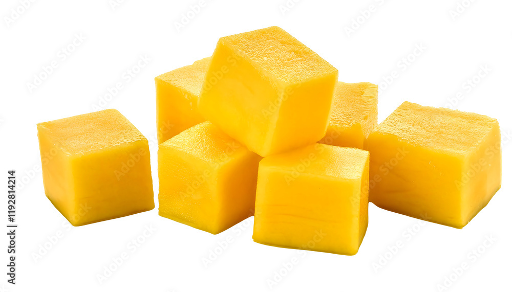 Mango with yellow flesh, arranged artistically. The tropical fruit showcases its sweet and juicy texture, perfect for culinary use or health inspirations. Isolated on white background Mango with yellow flesh, arranged artistically. The tropical fruit showcases its sweet and juicy texture, perfect for culinary use or health inspirations. Isolated on white background