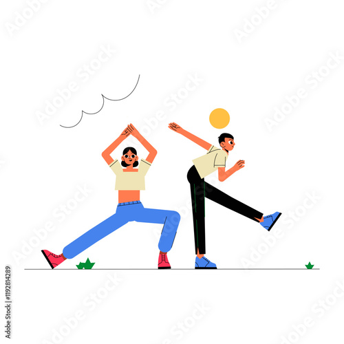 Two People Stretching In Flat Vector Illustration Symbolizing Fitness, Exercise, And Healthy Lifestyle, Isolated On White Background