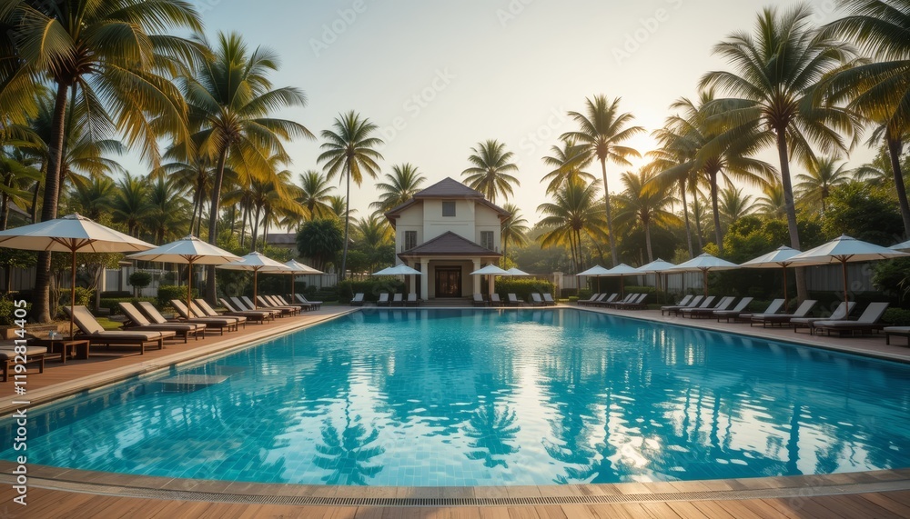Luxury Poolside at a Tropical Beach Resort Under Clear Sky Luxury Poolside at a Tropical Beach Resort Under Clear Sky