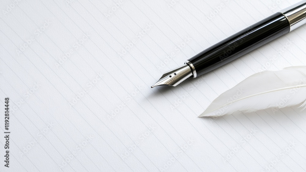 Fountain pen and white feather resting on lined paper Fountain pen and white feather resting on lined paper