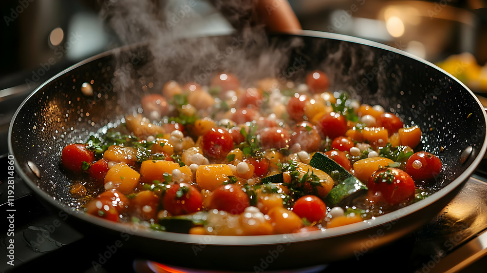 Close-up of a sizzling pan with colorful vegetables, herbs, and steam rising, suggesting a vibrant and delicious culinary creation. Close-up of a sizzling pan with colorful vegetables, herbs, and steam rising, suggesting a vibrant and delicious culinary creation.