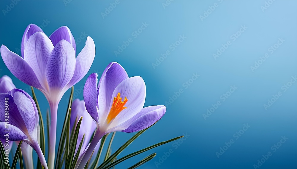 Fototapeta premium purple crocus flowers on blue background with copy space.