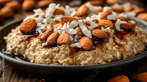 Delicious Oatmeal with Toasted Almonds and Coconut Flakes Topped with Maple Syrup photo