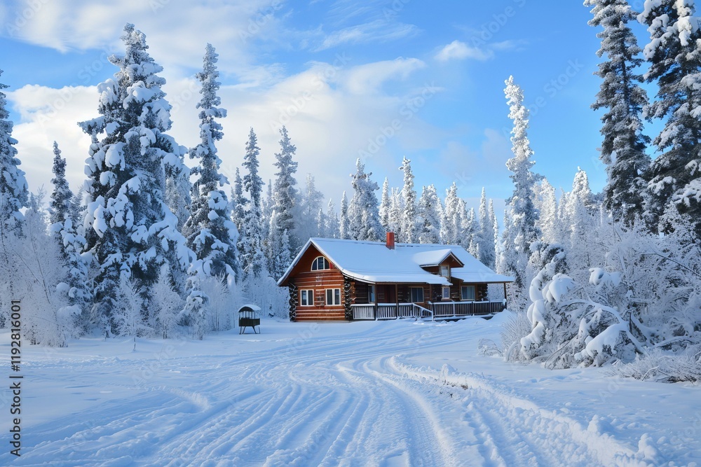 Snow covered path leading to a cozy log cabin in a beautiful winter forest Snow covered path leading to a cozy log cabin in a beautiful winter forest