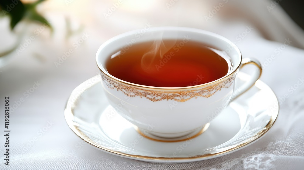 Elegant porcelain cup filled with steaming, dark brown tea on white tablecloth Elegant porcelain cup filled with steaming, dark brown tea on white tablecloth