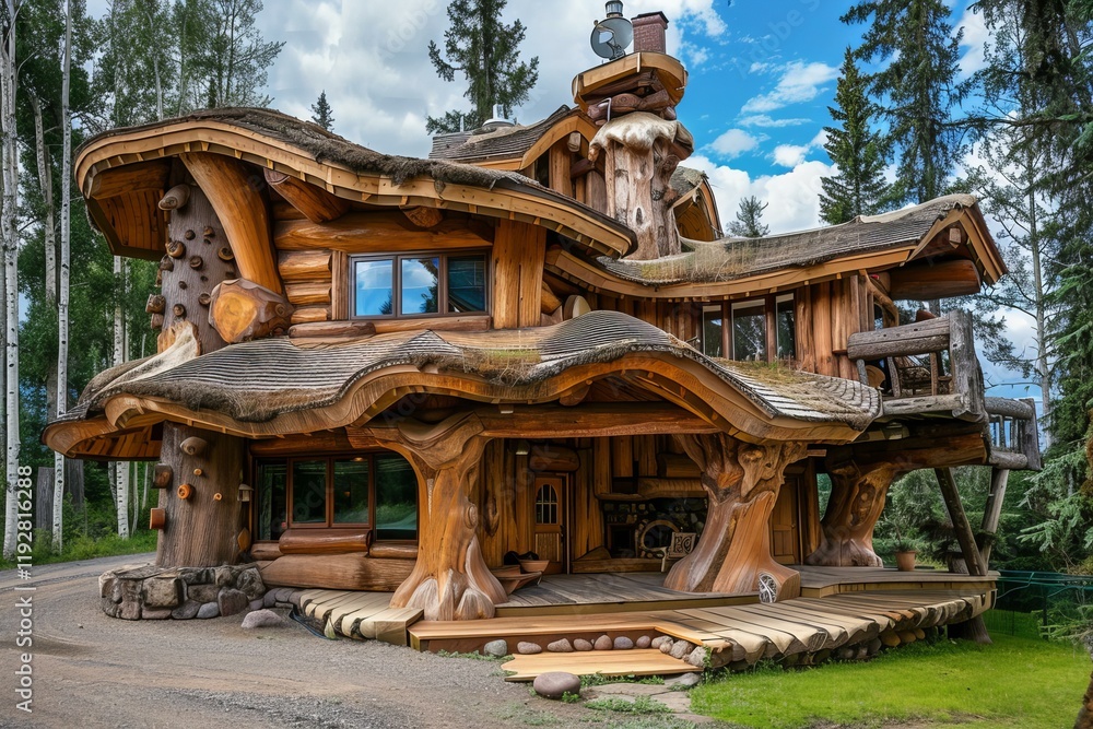 Fototapeta premium Unique and whimsical log cabin is standing in a forest