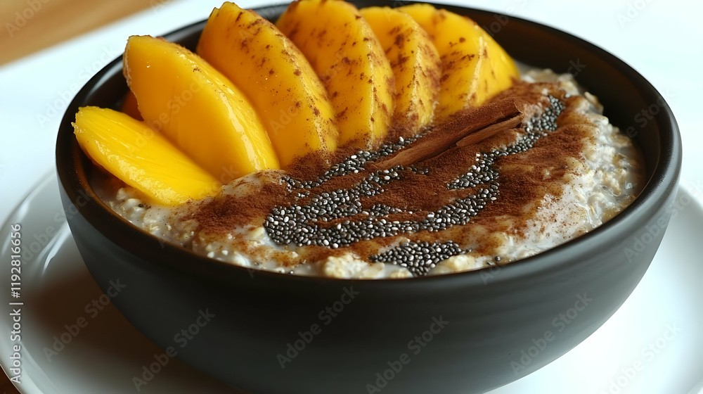Delicious and Healthy Oatmeal with Mango, Chia Seeds, and Cinnamon for Breakfast Delicious and Healthy Oatmeal with Mango, Chia Seeds, and Cinnamon for Breakfast
