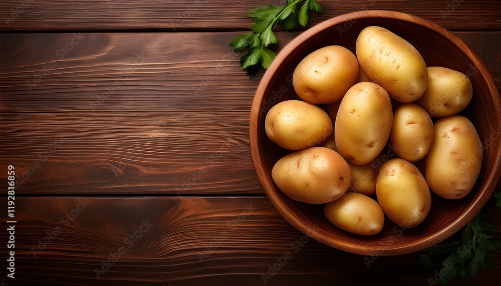 potatoes in a bowl on wooden table with copy space for add text and design potatoes in a bowl on wooden table with copy space for add text and design