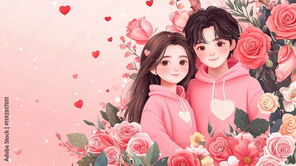 A charming flat vector of a teenage couple in matching pink hoodies, standing in the middle of a garden full of colorful roses, their love shining brightly on Valentine's Day. A charming flat vector of a teenage couple in matching pink hoodies, standing in the middle of a garden full of colorful roses, their love shining brightly on Valentine's Day.