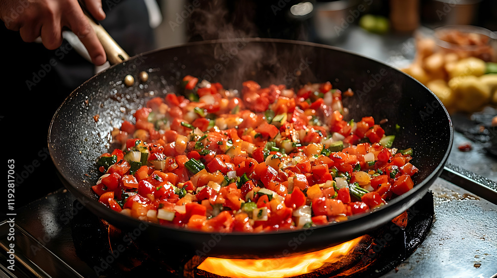 Chef Saut?ing Colorful Vegetables in a Wok, Culinary Preparation Chef Saut?ing Colorful Vegetables in a Wok, Culinary Preparation