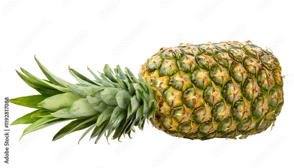 Pineapple with green leaves lies on a white surface, evoking freshness and tropical vibes. Perfect to portray concepts of healthy eating, summer, or exotic themes. Isolated on white background Pineapple with green leaves lies on a white surface, evoking freshness and tropical vibes. Perfect to portray concepts of healthy eating, summer, or exotic themes. Isolated on white background