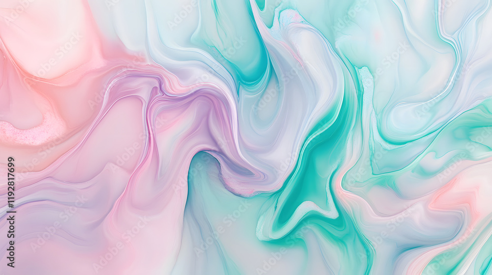 Fototapeta premium An abstract painting with soft pastel colors such as lavender, mint green, and peach, blending harmoniously in fluid patterns to evoke a serene and calming atmosphere 