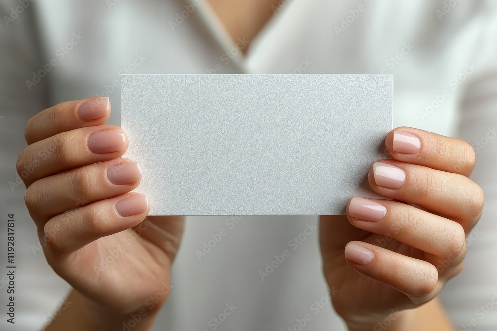 Fototapeta premium Blank business card being held by a person with natural nails in a simple, clean setting during daytime. Generative AI