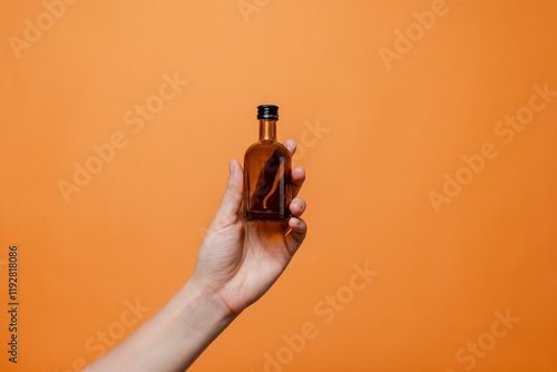 Quadro em tela Elegant hand holding small glass blank bottle mockup on orange background