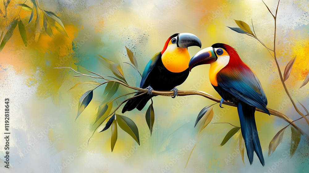 Naklejka premium Vibrant Toucans Perched in Tropical Foliage