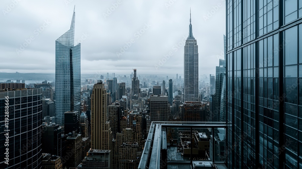 Naklejka premium Stunning cityscape view of new york's skyscrapers urban landscape aerial perspective cloudy atmosphere modern architecture