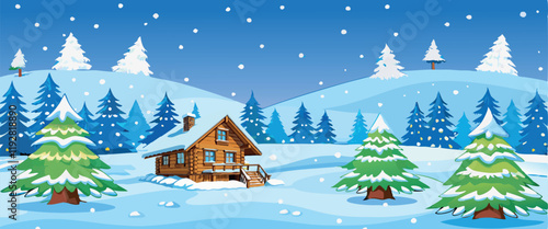 Wooden cabin covered in snow during a snowfall in a conifer forest