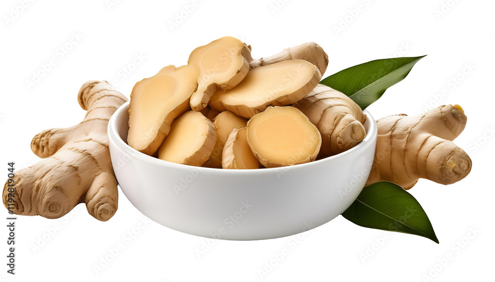 Ginger root in a white bowl. Perfect for illustrating health benefits, cooking ingredients, herbal remedies, or natural food products. Isolated on white background Ginger root in a white bowl. Perfect for illustrating health benefits, cooking ingredients, herbal remedies, or natural food products. Isolated on white background