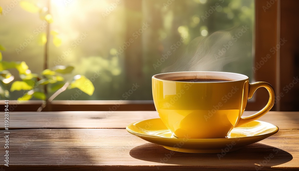 Obraz premium yellow cup of coffee on wooden table with copy space for add text