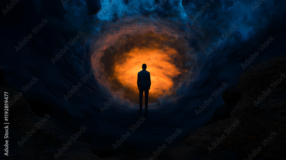 Person standing in a dark tunnel illuminated by glowing orange light during a surreal moment of contemplation and introspection Person standing in a dark tunnel illuminated by glowing orange light during a surreal moment of contemplation and introspection