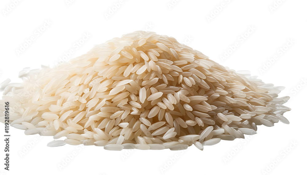A close-up view of raw white rice grains heaped together, isolated on a white background, emphasizing their texture, detail, and purity, suitable for themes of food, cooking, and ingredients A close-up view of raw white rice grains heaped together, isolated on a white background, emphasizing their texture, detail, and purity, suitable for themes of food, cooking, and ingredients