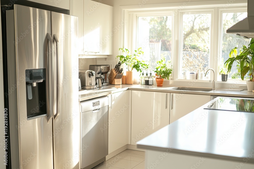 Fototapeta premium Modern stainless steel trash solutions in a bright kitchen enhancing tidiness and style inviting environment with natural light