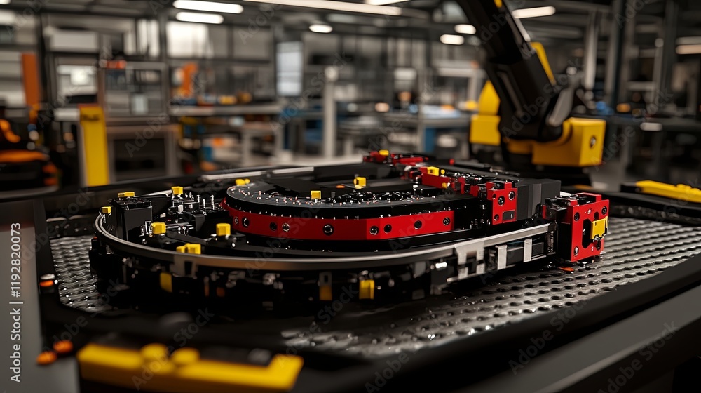 Naklejka premium Precision and efficiency in robotic arms on battery manufacturing assembly line, showcasing advanced technology and industrial prowess