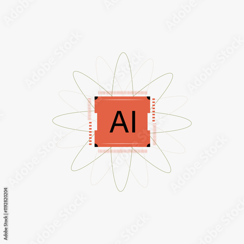AI chip with atomic structure in flat vector illustration symbolizing artificial intelligence, data processing, and future technology, isolated on white background