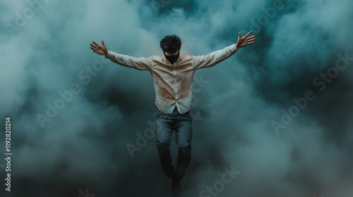 Wallpaper Mural Person with blindfold standing in swirling smoke, embodying a moment of tranquility and introspection in an ethereal environment during twilight Torontodigital.ca