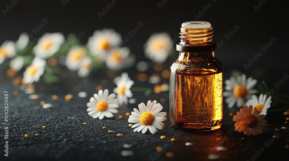 A serene and elegant scene featuring a bottle of chamomile essential oil with soft chamomile flowers around it, set against a dark black background, symbolizing relaxation and calm. A serene and elegant scene featuring a bottle of chamomile essential oil with soft chamomile flowers around it, set against a dark black background, symbolizing relaxation and calm.