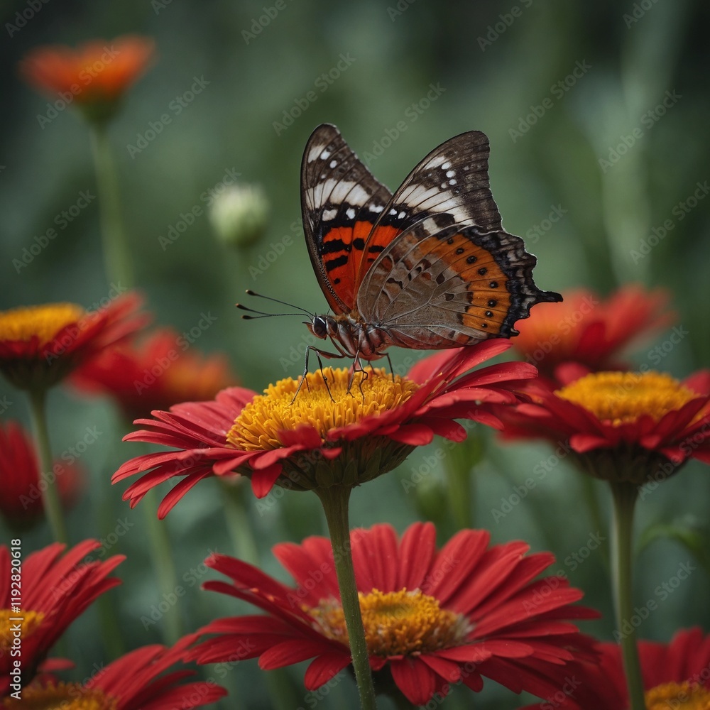 A butterfly landing on a bright red daisy. A butterfly landing on a bright red daisy.