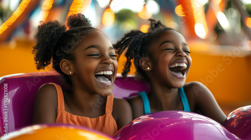 Fototapeta Naklejka Na Ścianę i Meble -  two black young girls laughing loudly on a vibrant amusement park ride surrounded by colorful attractions and summer sunlight concept of joy and carefree childhood