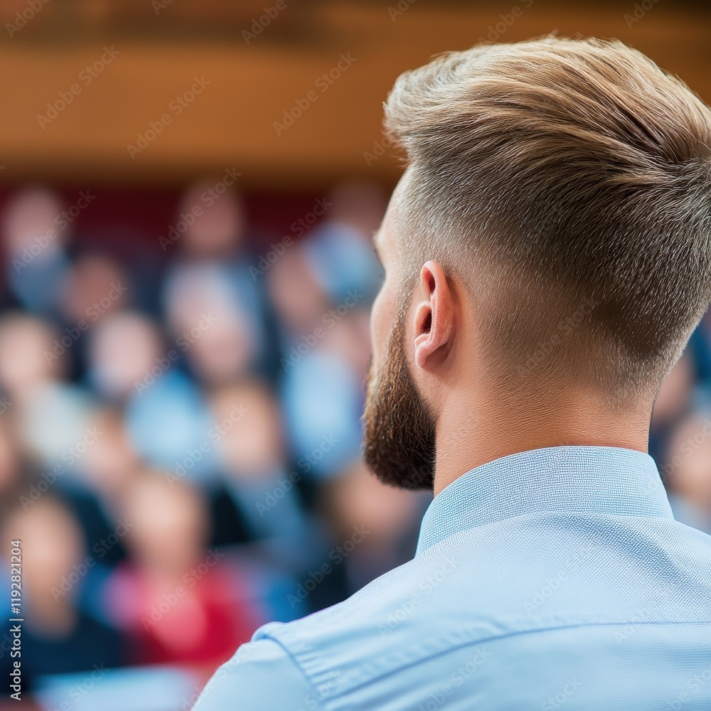 Proficient Speaker Demonstrating Verbal Expression in Engaging Public Speaking Scene Proficient Speaker Demonstrating Verbal Expression in Engaging Public Speaking Scene