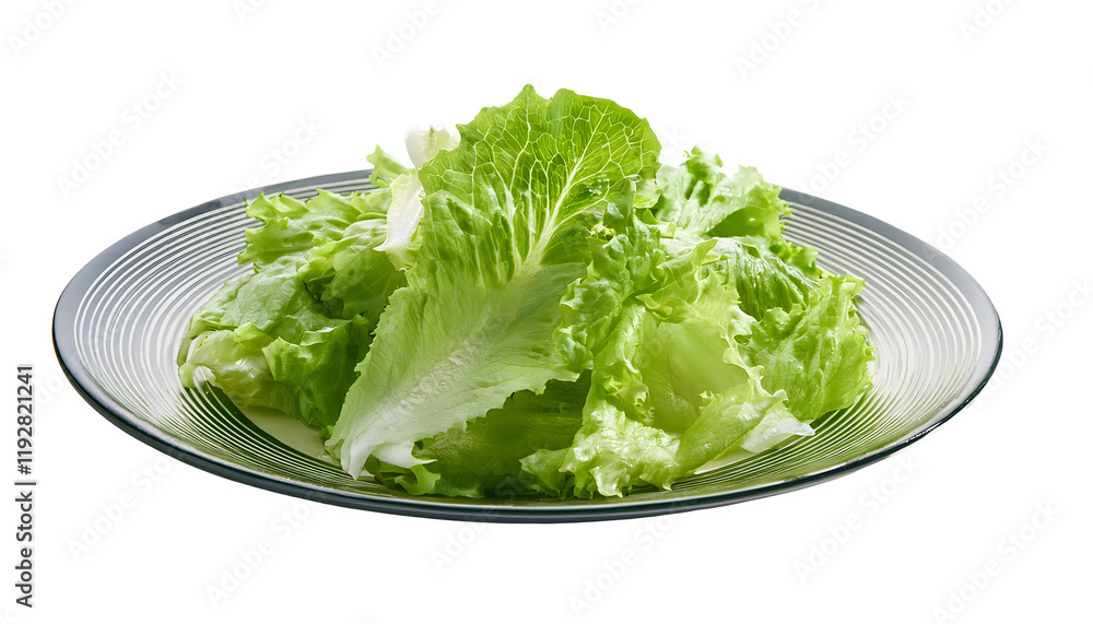 Crisp and vibrant green lettuce leaves arranged on a dark plate against a clean white background. Perfect for healthy lifestyle, vegetarian dishes, or food presentation concepts Crisp and vibrant green lettuce leaves arranged on a dark plate against a clean white background. Perfect for healthy lifestyle, vegetarian dishes, or food presentation concepts
